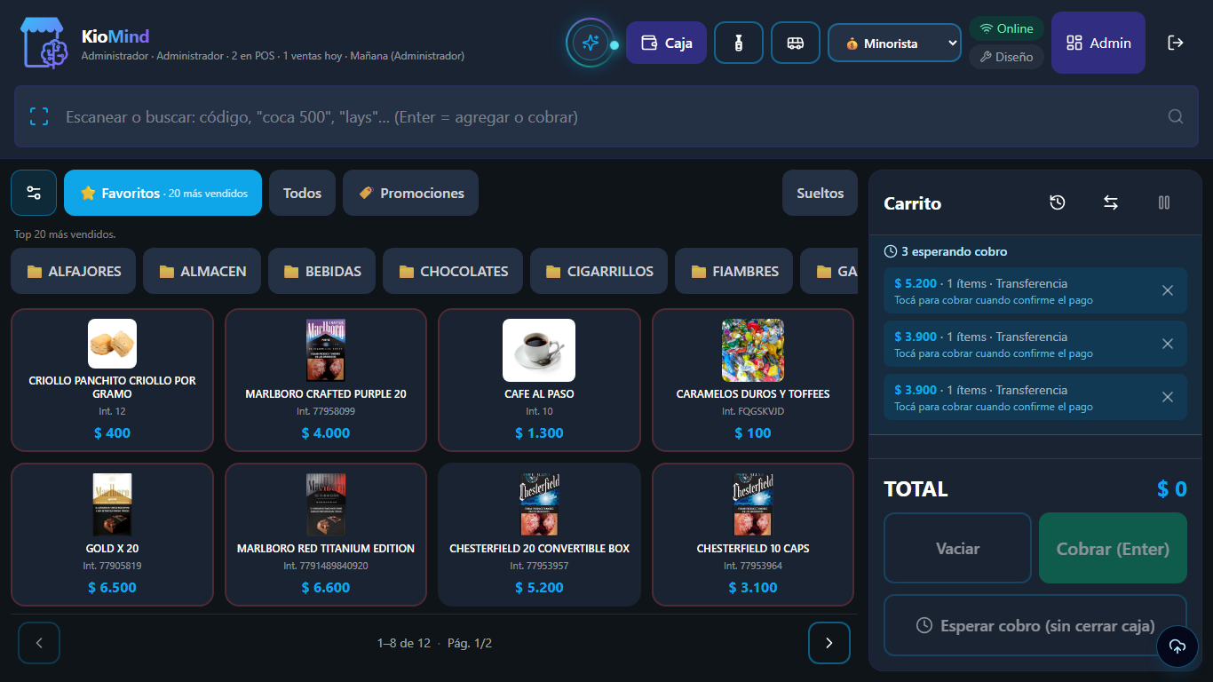 Punto de venta de KioMind con la grilla de productos, favoritos y carrito